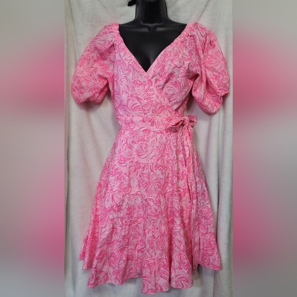 Lilly Pulitzer Iralee Flare Dress Short Sleeve Pink Multi European Wrap Dress - Picture 1 of 9